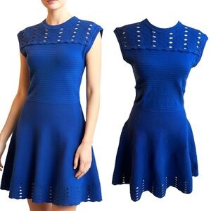 Ted Baker Zaralia Fit & Flare Knit Skater Dress Royal Blue with Cut Outs size 2